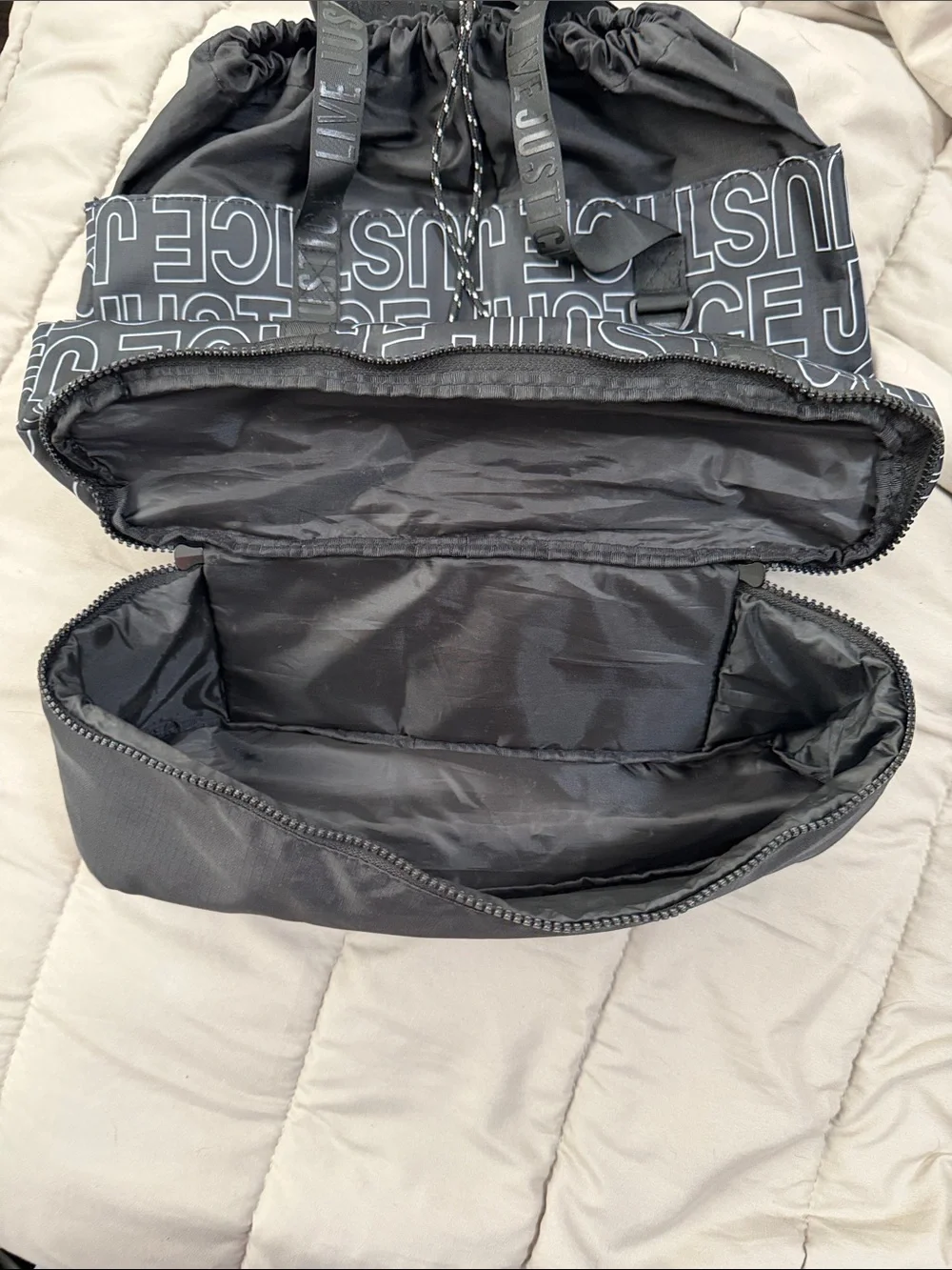 🫶🏼3 for $12!!🫶🏼 Justice Black Drawstring Tote with Repeat Logo